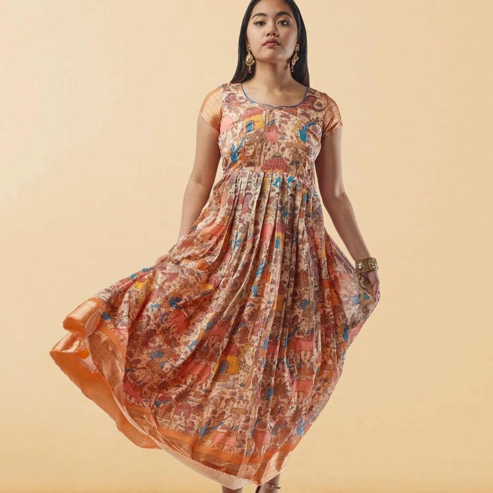 Cream Kalankari Ankle-Length Dress | Muvvas Boutique